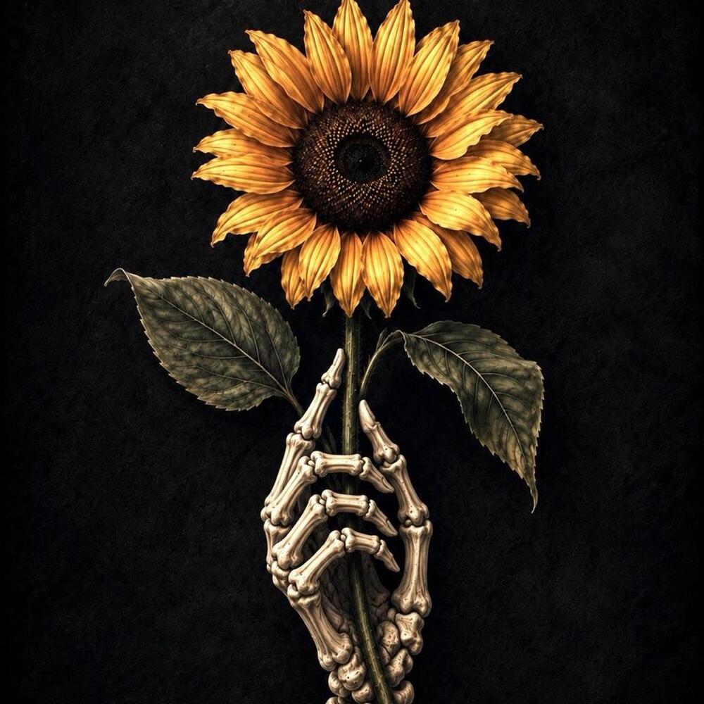 8x10 Black Framed Skeleton Hand and Sunflower Print